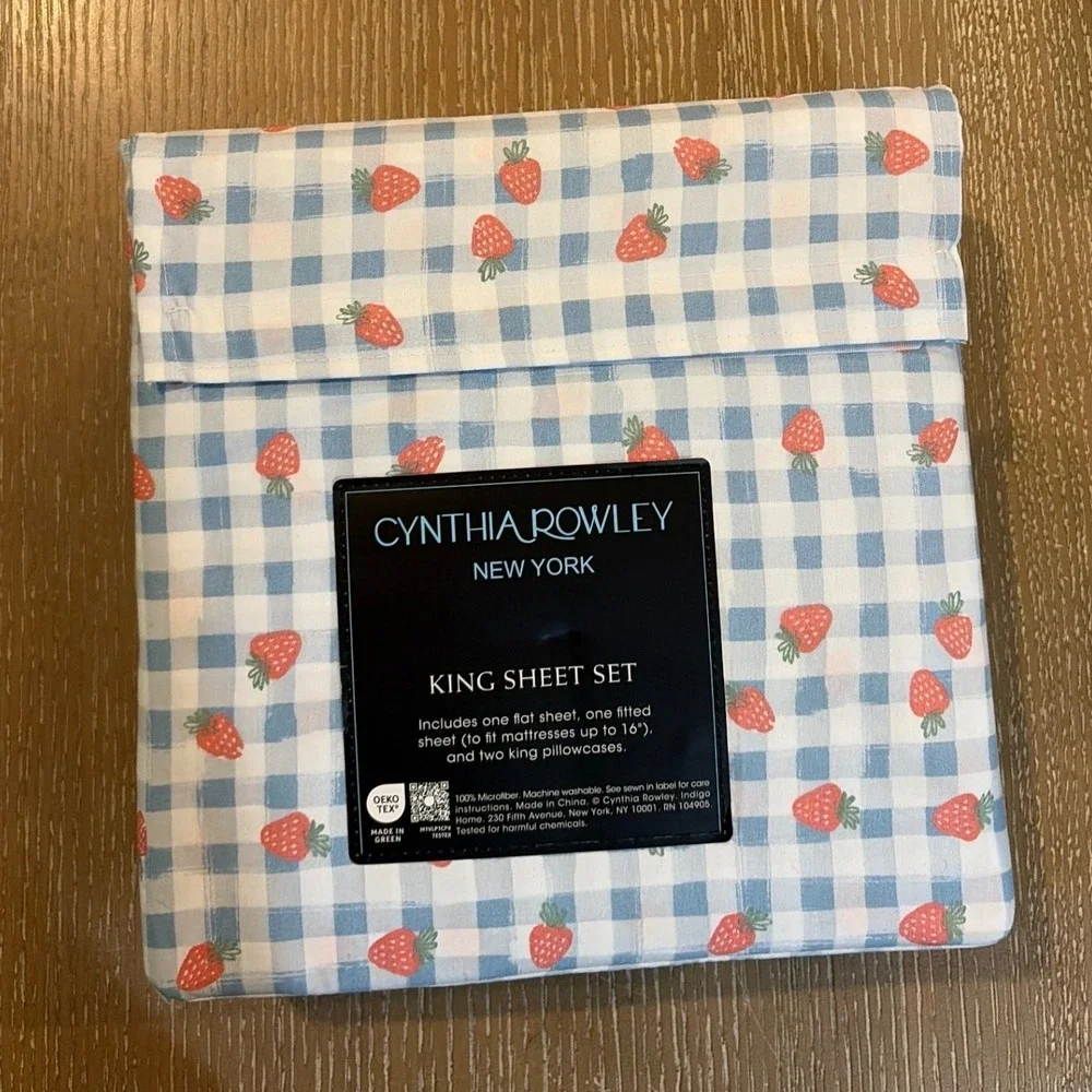 Cynthia Rowley King Sheet Set Strawberry Gingham Blue Microfiber 4pc New